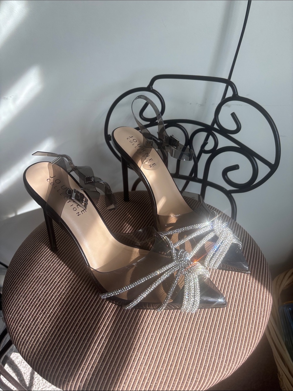 Journee Collection Black PVC Crystal Bow Stiletto Heels